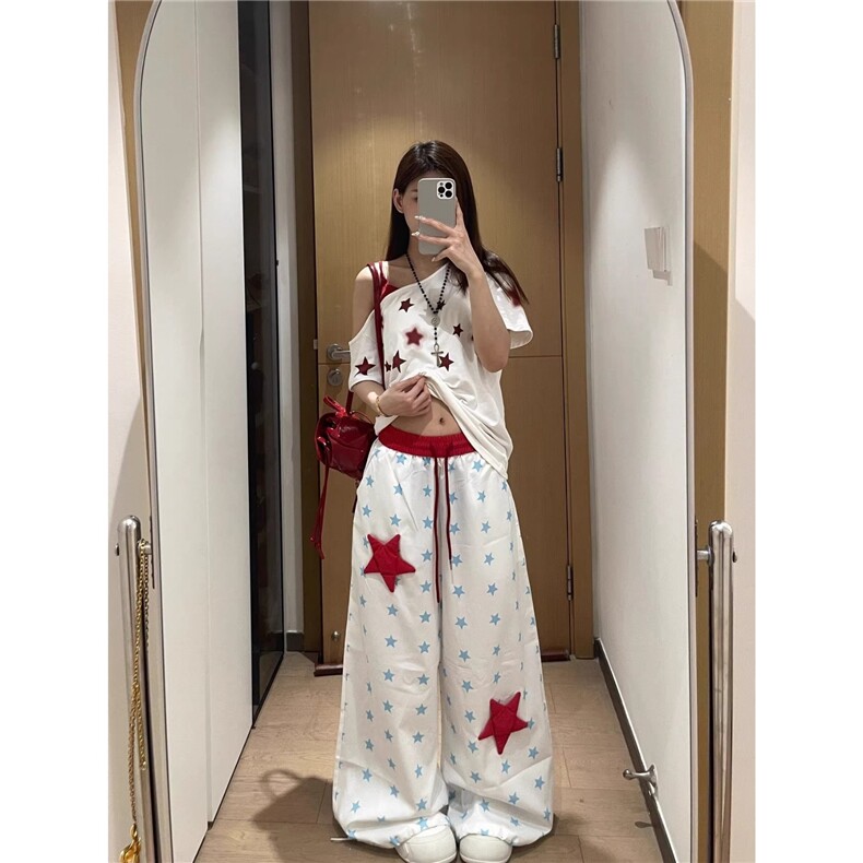 美式星星休闲裤女新款宽松显瘦百搭轻薄阔腿裤K6591-P42,男装休闲裤,星座412-1