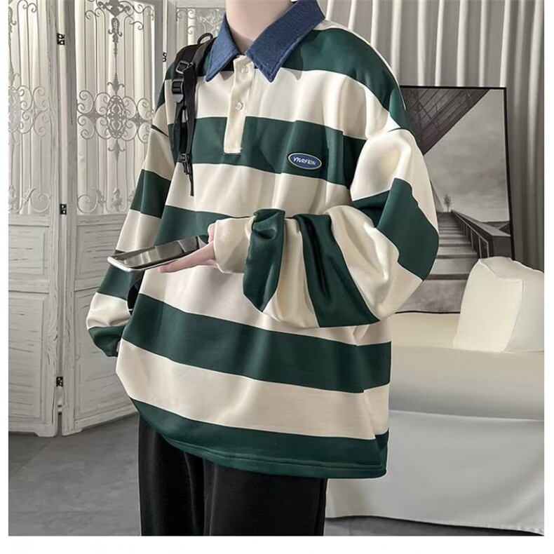 长袖T恤衫男春季新款百搭条纹宽松POLO衫韩版潮流翻领卫衣打底衫，男装Polo衫，星座506A