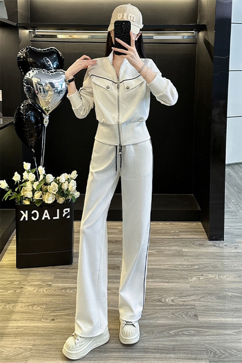 女春季新款拉链开衫上衣阔腿裤两件套装,女装套装/套裙,江南