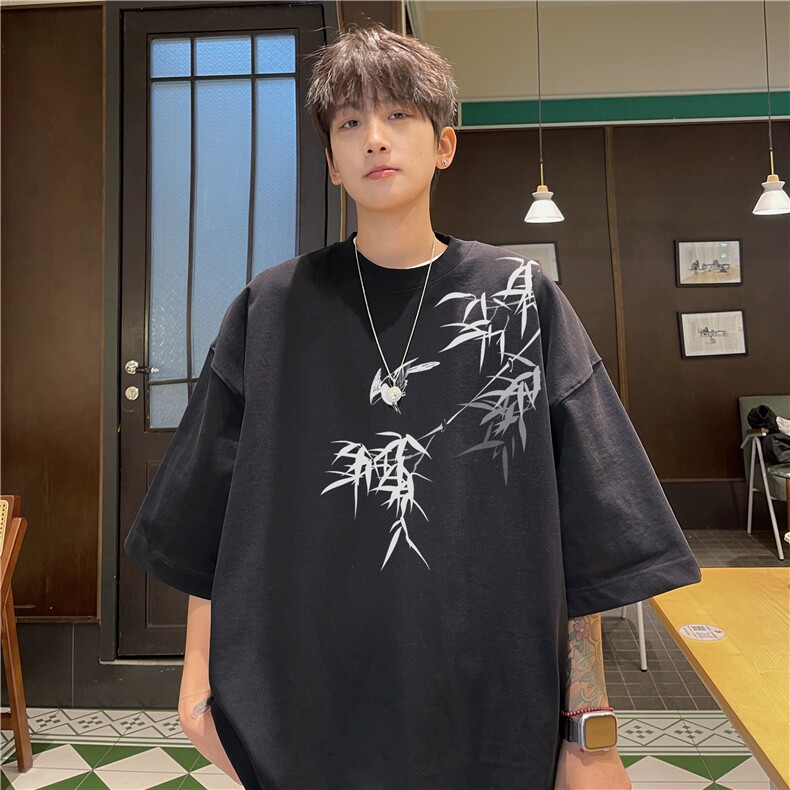 抖音品质直播得物风新中式竹叶印花短袖T恤dcm298-特批20控38,男装T恤,星座605(原A050)