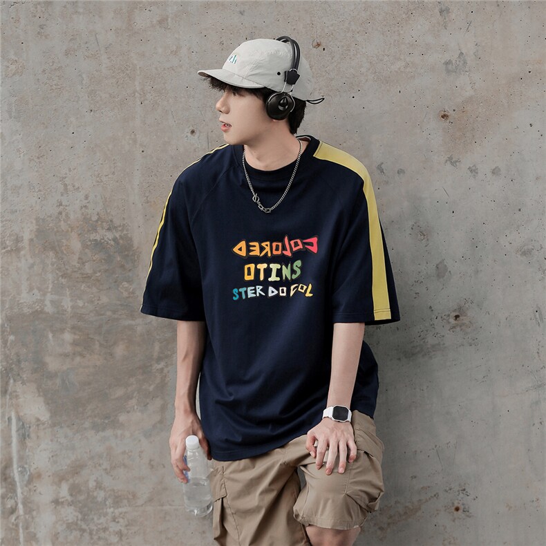 2025夏季新款彩色字母印花休闲港风短袖T恤T1046/P35控49-100棉，男装T恤，电商A148