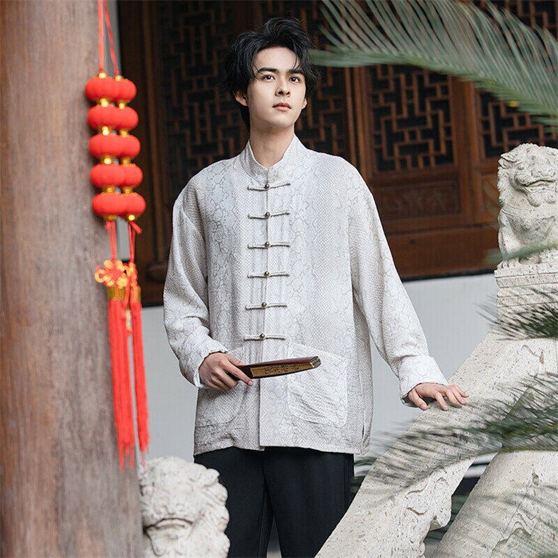 （大蛇）新中式风朝铜扣盘扣立领蛇年复古棉麻烫印长袖衬衫，男装衬衫，星座305A（原312A-1）