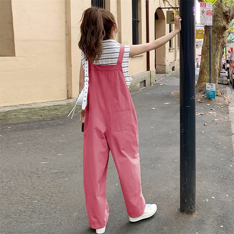 韩版学院风减龄工装背带裤女2025夏季新款法式宽松显瘦盐系阔腿裤,女装连体裤,辉之琳
