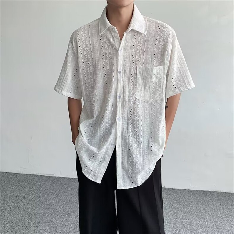 潮标准简约方领新款男条纹夏季潮流五分袖C664P33图片