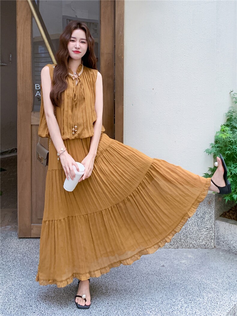 黄色无袖上衣半身裙套装女夏2025新款法式减龄气质长裙两件套爆款,女装套装/套裙,秋水欣儿