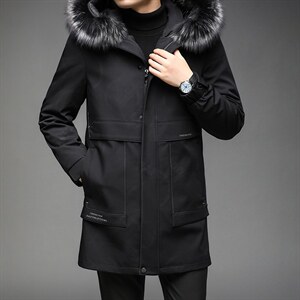 AL81001冬季男士派克服可脱卸兔毛内胆银狐毛领中长款风衣P900图片