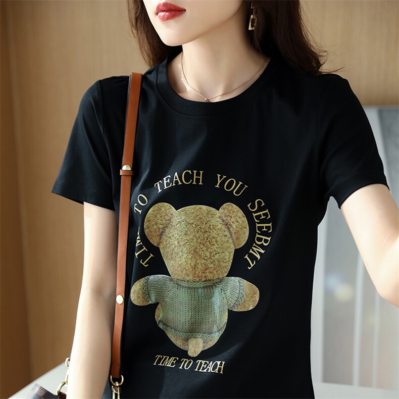 小熊背影烫画夏季时尚小众个性棉T,女装T恤,元素羊绒