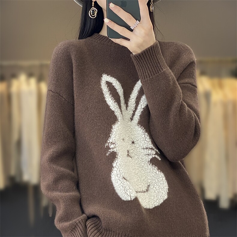 秋冬宽松外穿洋气提花兔图案羊毛衫时尚休闲2024年秋季，女装羊毛衫，斯尔特羊绒
