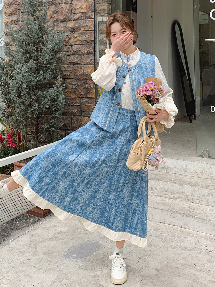 春天小清新开春穿搭牛仔套装裙女2025新款刺绣马甲半身裙三件套装,女装套装/套裙,浙宝305