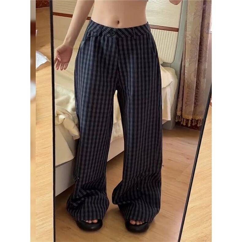 网图现货美式宽松复古深蓝色格子休闲裤K9015P45，女装休闲裤，星座205-3