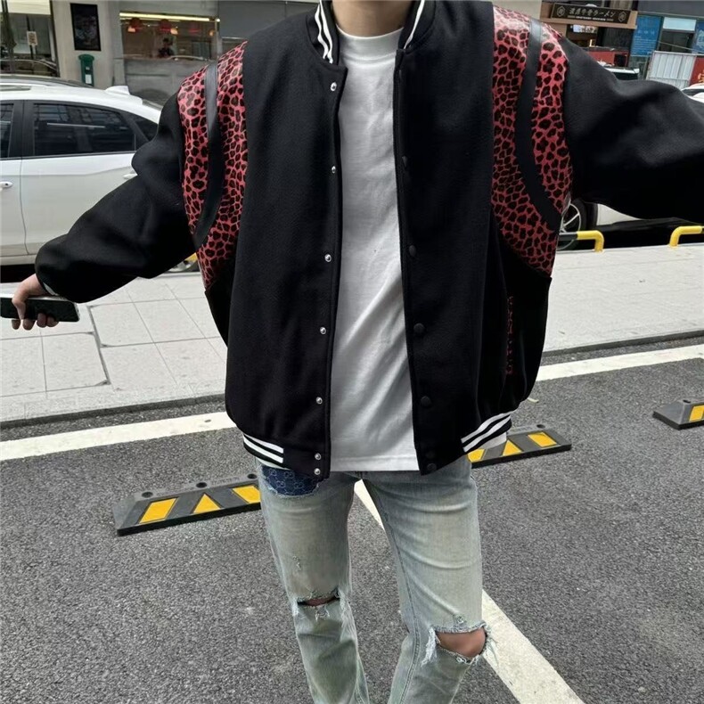 春秋季网红潮牌拼接豹纹棒球社会夹克宽松外套潮百搭上衣男女同款,男装夹克,星座506A