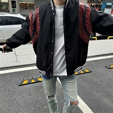 春秋季网红潮牌拼接豹纹棒球社会夹克宽松外套潮百搭上衣男女同款，男装夹克，星座506A