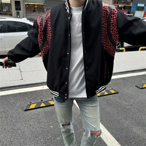 春秋季网红潮牌拼接豹纹棒球社会夹克宽松外套潮百搭上衣男女同款图片