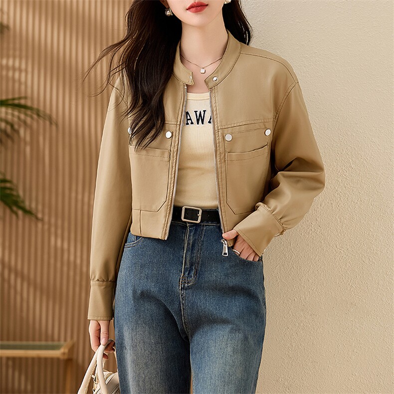 现货复古短款皮衣外套女2024春秋新款PU皮机车服秋季女式皮夹克,女装皮衣,江南女神