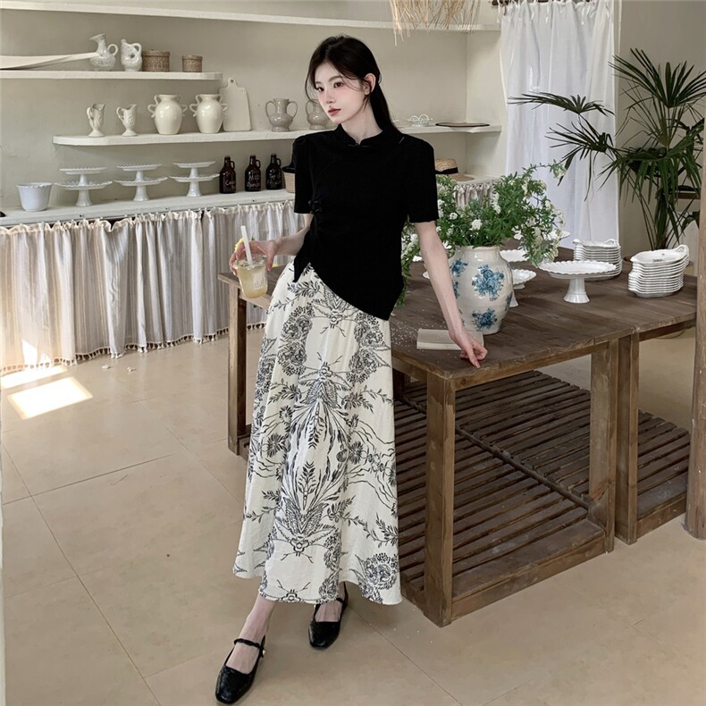 新中式国风不规则T恤印花半身裙套装女夏甜美显瘦两件套漂亮绝美,女装套装/套裙,2C271