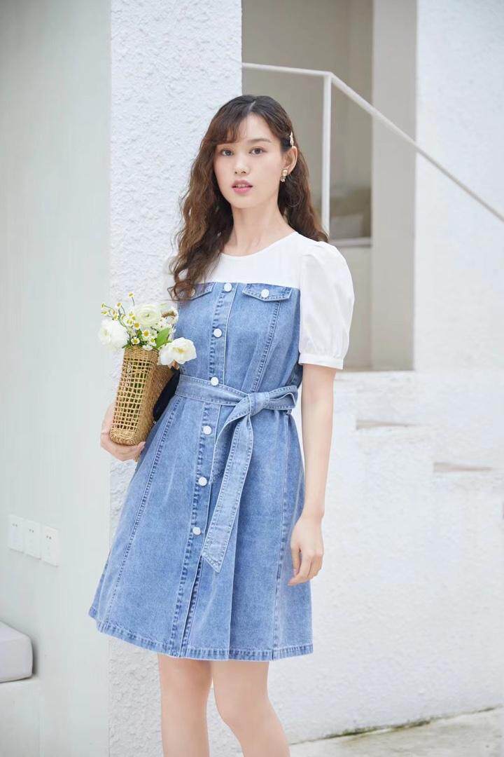 双拼牛仔连衣裙，女装连衣裙，慕尚依依
