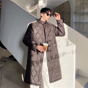 2024秋冬韩版潮流格纹轻薄立领排扣设计宽松长款棉衣 P145 W0207图片