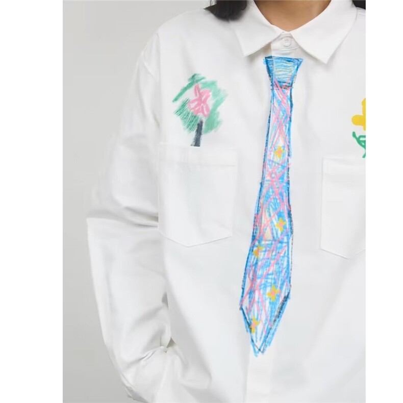 美式复古创意设计感蜡笔手绘领带衬衫趣味学院风涂鸦衬衣男女,男装衬衫,星座1210-1
