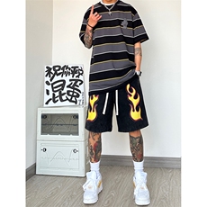 港风纯棉320G重磅水洗做旧印花短裤A014-DY2375-P50控68，男装牛仔裤，电商A014