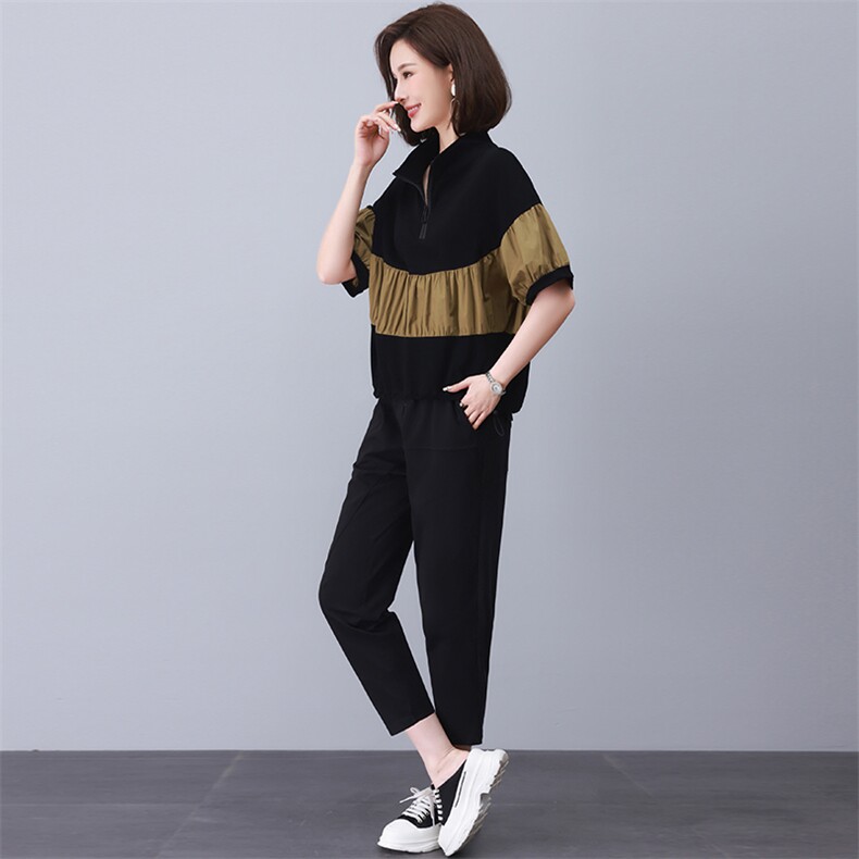 时尚洋气女套装2023年夏季新款短袖拼接上衣时髦中年妈妈装两件套,女装套装/套裙,涵誉