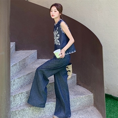 【新款现货】重工绣花牛仔阔腿裤套装F629-P155-K228，女装套装/套裙，2C255