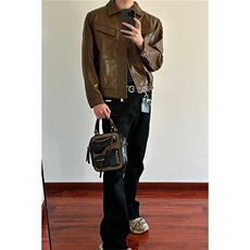 垫肩PU皮夹克复古棕色短款机车外套DY198-P80，男装夹克，星座1213