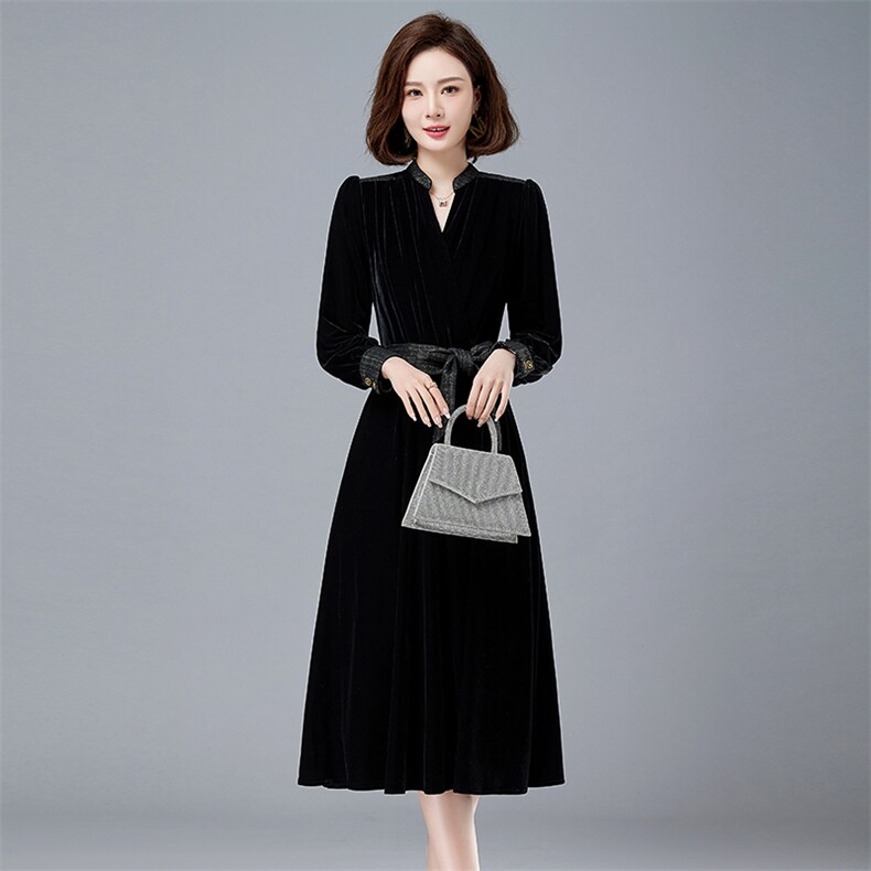 现货女装春新款减龄小黑裙金丝绒轻奢御姐赫本风内搭打底连衣裙,女装连衣裙,琦鑫阁（原依鑫阁）