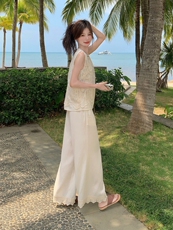 2025夏季新款法式蕾丝绣花小衫高腰直筒阔腿裤天丝棉麻两件套装女，女装套装/套裙，韩蜜菓