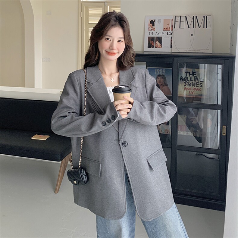 灰色休闲西装外套女2025春季新款韩系高级感宽松显瘦通勤时尚西服，女装西装，秋水欣儿
