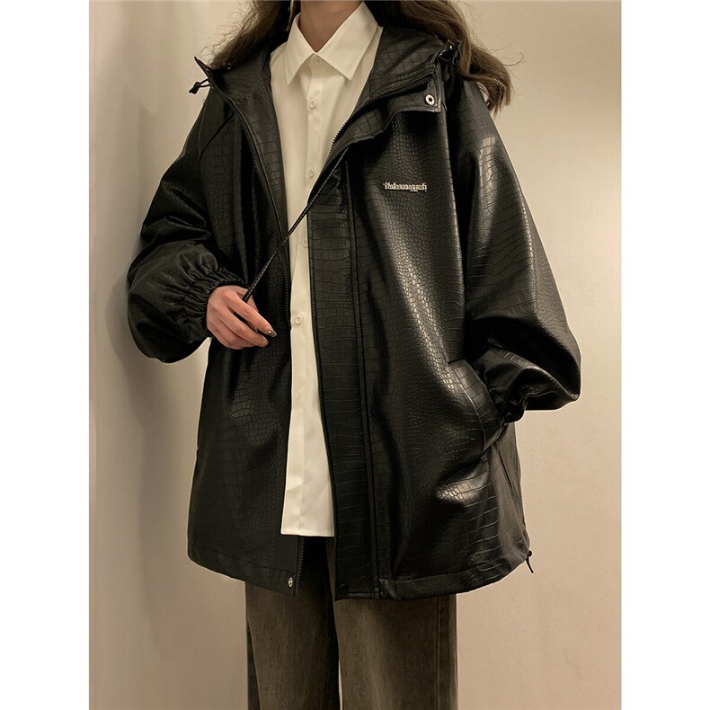 中性连帽鳄鱼纹PU皮衣大码情侣休闲冲锋衣夹克男JK8744P90控128,女装短外套,星座226-1