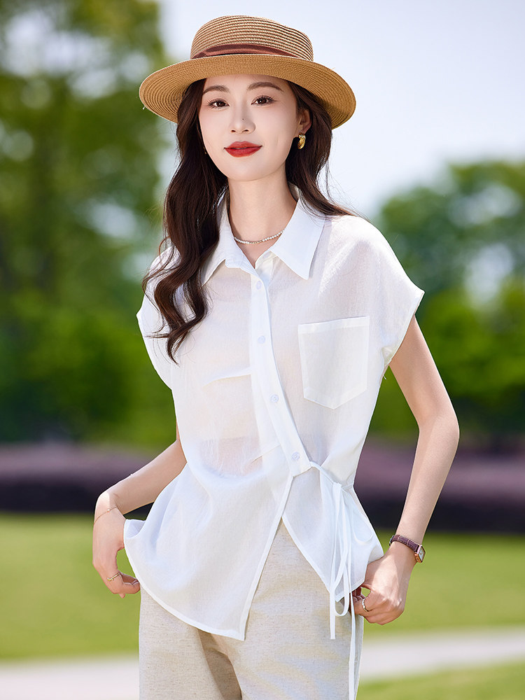时尚休闲女夏季薄款2025新款高级感减龄短袖衬衫阔腿裤,女装衬衫,靓衣阁