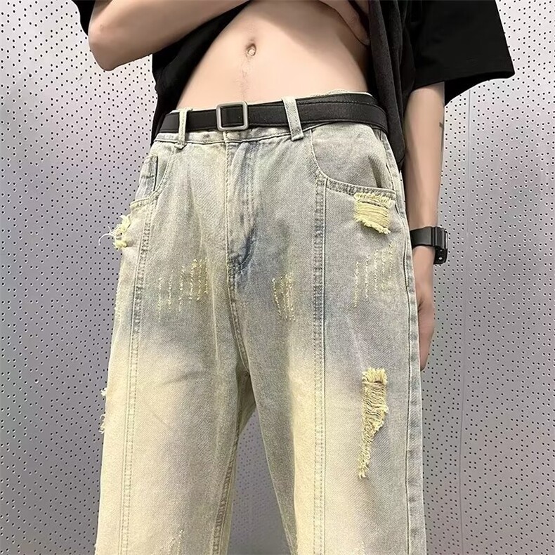 美式牛仔裤男潮牌高街宽松直筒破洞痞帅微喇秋冬N2266p42加绒52,男装牛仔裤,星座1008