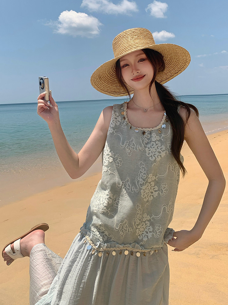 绝美漂亮无袖拼接背心连衣裙女夏2025新款湖绿色流行爆款少女长裙,女装连衣裙,韩蜜菓