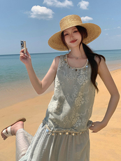 绝美漂亮无袖拼接背心连衣裙女夏2025新款湖绿色流行爆款少女长裙，女装连衣裙，韩蜜菓