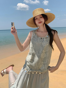绝美漂亮无袖拼接背心连衣裙女夏2025新款湖绿色流行爆款少女长裙图片
