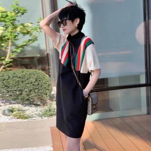 DG885欧洲站夏装女2021新款欧货潮牌宽松撞色休闲T恤裙,女装T恤,L·H·X