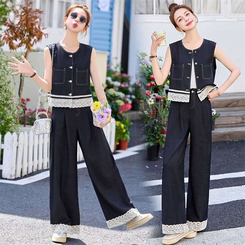 欧洲站时尚蕾丝拼接牛仔套装女2025年夏季新款小香风阔腿裤两件套，女装套装/套裙，丽美静依