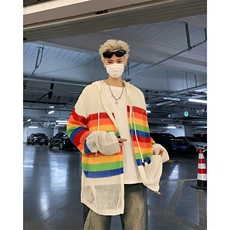 美式撞色镂空连帽针织开衫男防晒罩衫多巴胺春秋，男装防晒衣，星座716-2