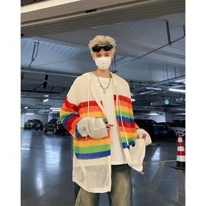 美式撞色镂空连帽针织开衫男防晒罩衫多巴胺春秋图片