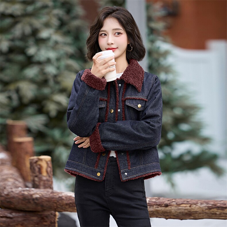 时尚拼接翻领加绒牛仔外套女2024年冬季新款ins潮高级感百搭棉衣，女装牛仔外套，江南女神