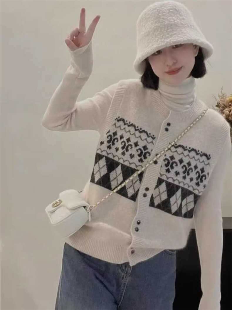 提花马甲2025年春季单排扣圆领时尚百搭,女装马甲,晨旭羊绒