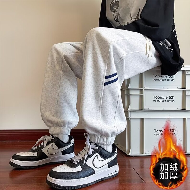 加绒加厚冬款男休闲卫裤字母印花条纹束脚裤大码M-5XLH028P70,男装休闲裤,星座1013-1