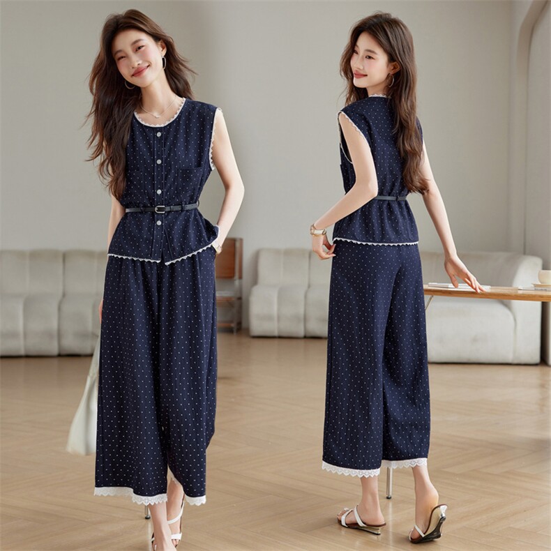 流行减龄波点印花马甲背心系腰带显瘦宽松阔腿裤套装女装春夏新款，女装套装/套裙，江南富贵女