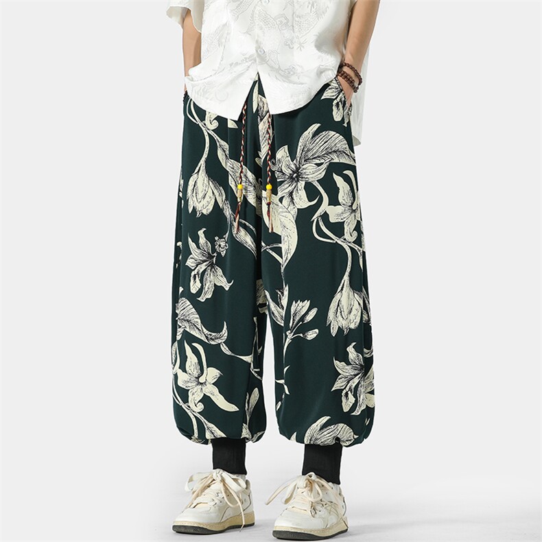 特批P32无差价夏季新款新中式风冰丝顺滑印花束脚灯笼裤男K1372，男装休闲裤，电商A082