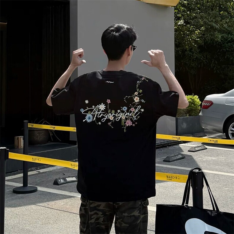 万针全刺绣工艺抖音得物高品质260克重磅纯棉双纱美式高街短袖T恤,男装T恤,电商A486