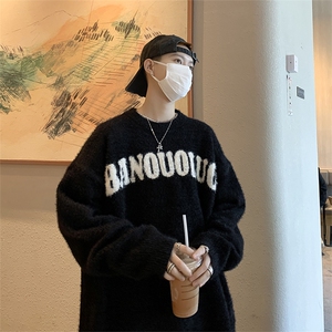 秋冬慵懒风休闲圆领针织衫美式复古字母提花情侣毛衣 M1681-P53图片