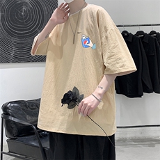 YT26262-P30亚麻短袖t恤男大码五分袖男宽松七分袖港风模特，男装T恤，电商A040