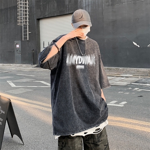 B239-X1022-P38 美式 字母 做旧水洗短袖落肩袖短袖T恤男图片