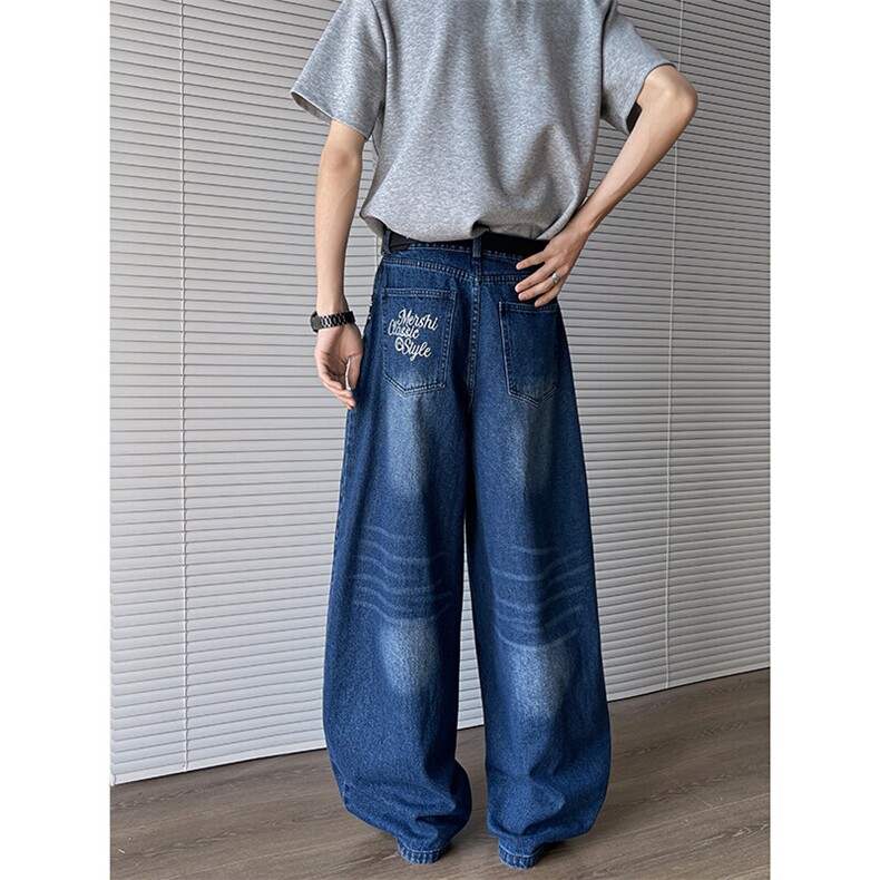 春夏季美式复古碎花直筒牛仔裤男女宽松休闲阔腿长裤潮N07821-P52图片