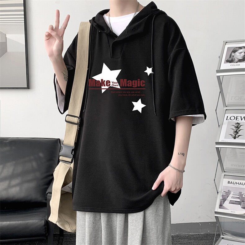 LD54379-P45NASA连帽短袖t恤男大码胖子带帽五分袖中袖,男装T恤,电商A040